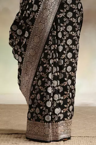 Black silk blend banarasi saree with unstitched blouse piece
