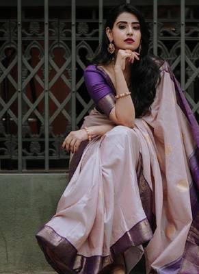 Purple beige silk blend banarasi saree with unstitched blouse piece 1