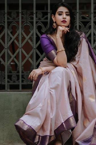 Purple beige  soft silk blend banarasi jacuard work designer party wear saree with unstitched blouse piece