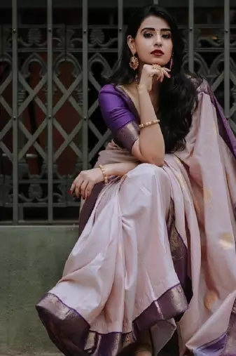 Purple beige  soft silk blend banarasi jacuard work designer party wear saree with unstitched blouse piece