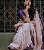 Purple beige  soft silk blend banarasi jacuard work designer party wear saree with unstitched blouse piece