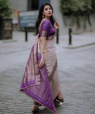 Purple beige silk blend banarasi saree with unstitched blouse piece 2