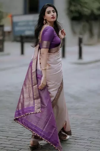 Purple beige silk blend banarasi saree with unstitched blouse piece