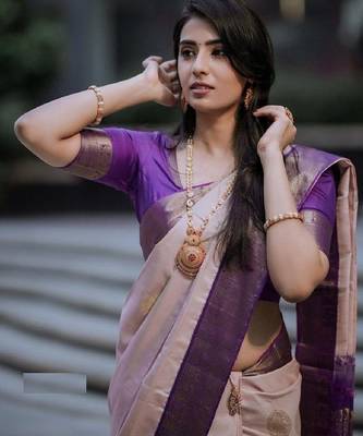 Purple beige silk blend banarasi saree with unstitched blouse piece 3