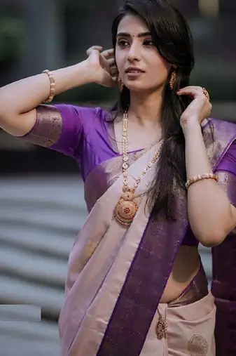 Purple beige silk blend banarasi saree with unstitched blouse piece
