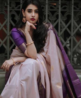Purple beige silk blend banarasi saree with unstitched blouse piece 4