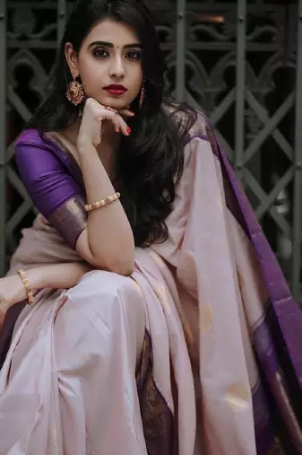 Purple beige silk blend banarasi saree with unstitched blouse piece