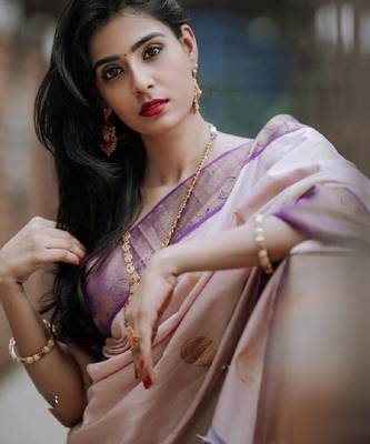 Purple beige silk blend banarasi saree with unstitched blouse piece 5