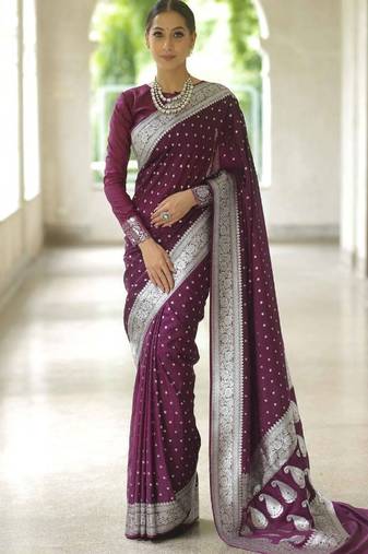 Wine soft silk blend banarasi jacuard work designer party wear saree with unstitched blouse piece