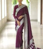 Wine soft silk blend banarasi jacuard work designer party wear saree with unstitched blouse piece