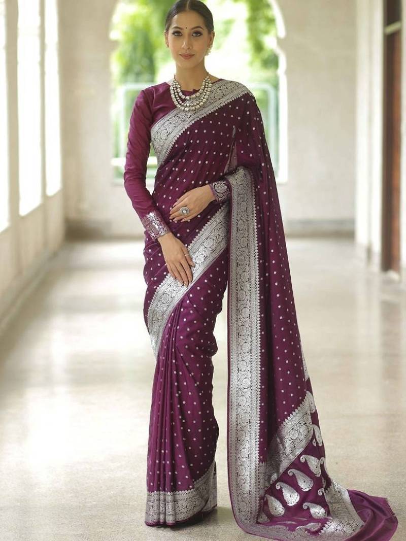 Wine soft silk blend banarasi jacuard work designer party wear saree with unstitched blouse piece