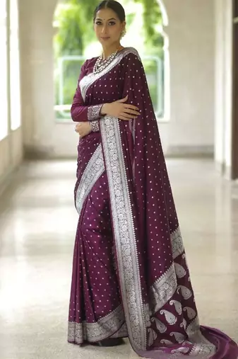 Wine silk blend banarasi saree with unstitched blouse piece