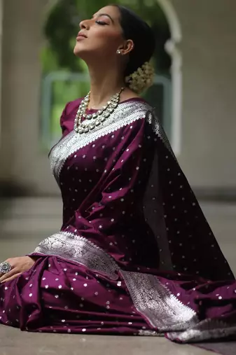 Wine silk blend banarasi saree with unstitched blouse piece