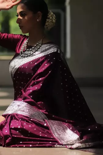 Wine silk blend banarasi saree with unstitched blouse piece