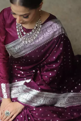 Wine silk blend banarasi saree with unstitched blouse piece