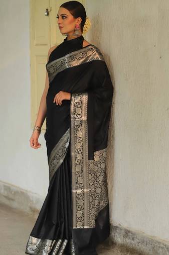 Black soft silk blend banarasi jacuard work designer party wear saree with unstitched blouse piece