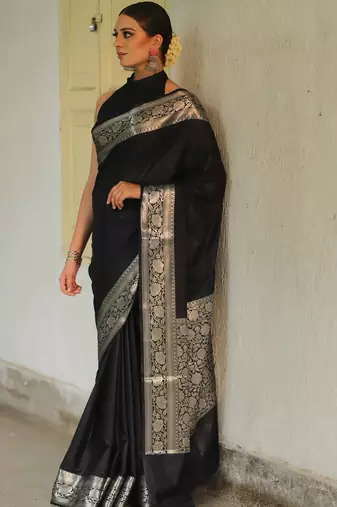 Black soft silk blend banarasi jacuard work designer party wear saree with unstitched blouse piece