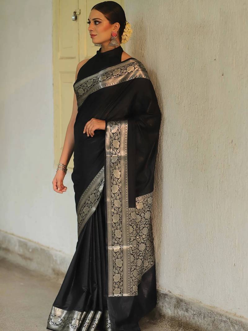 Black soft silk blend banarasi jacuard work designer party wear saree with unstitched blouse piece