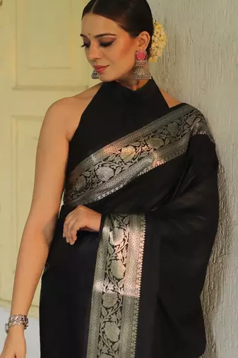 Black silk blend banarasi saree with unstitched blouse piece