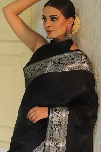 Black silk blend banarasi saree with unstitched blouse piece