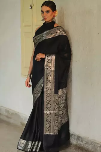 Black silk blend banarasi saree with unstitched blouse piece