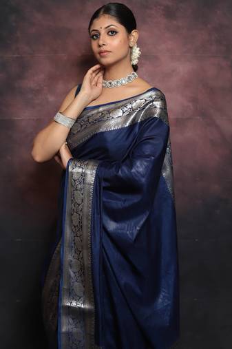 Blue soft silk blend banarasi jacuard work designer party wear saree with unstitched blouse piece