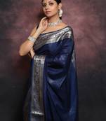 Blue soft silk blend banarasi jacuard work designer party wear saree with unstitched blouse piece