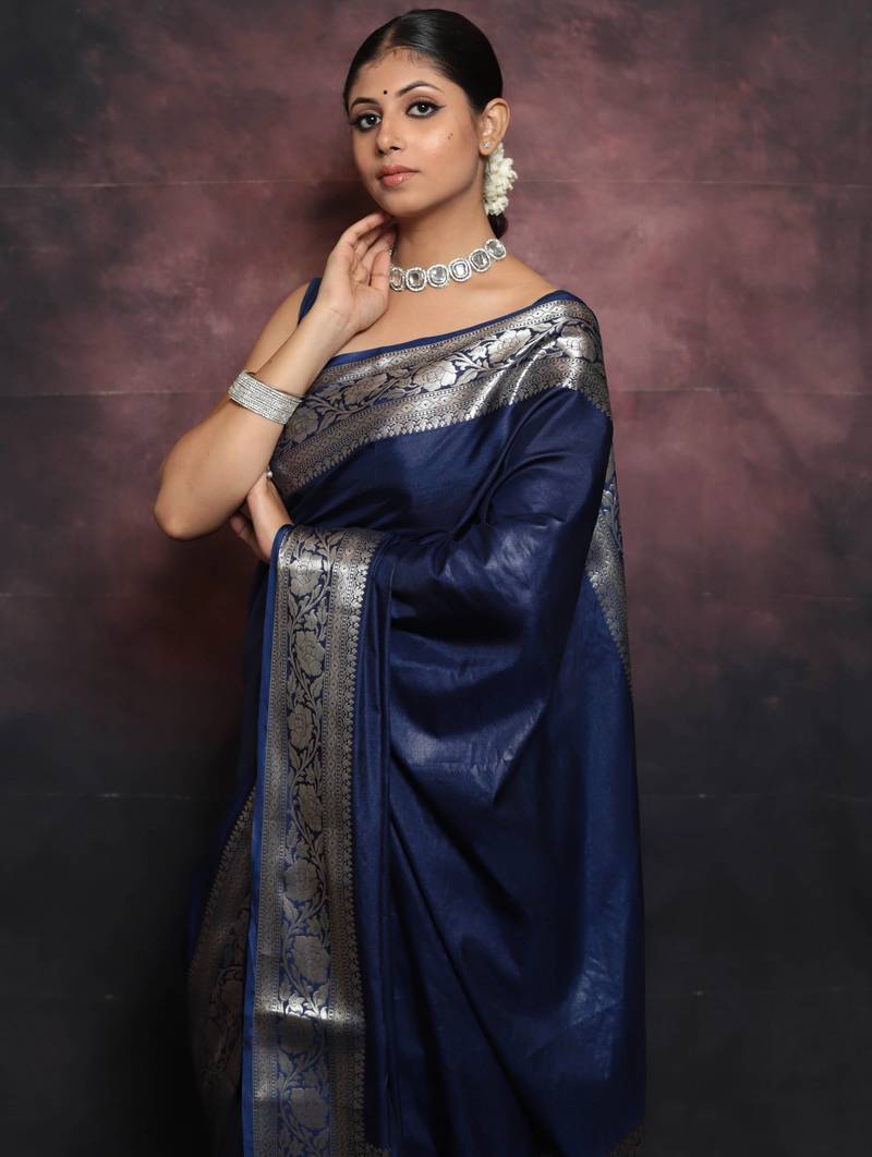 Blue soft silk blend banarasi jacuard work designer party wear saree with unstitched blouse piece