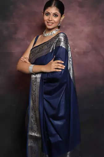 Blue silk blend banarasi saree with unstitched blouse piece