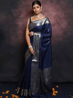 Blue silk blend banarasi saree with unstitched blouse piece 3