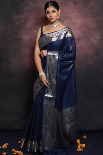 Blue silk blend banarasi saree with unstitched blouse piece