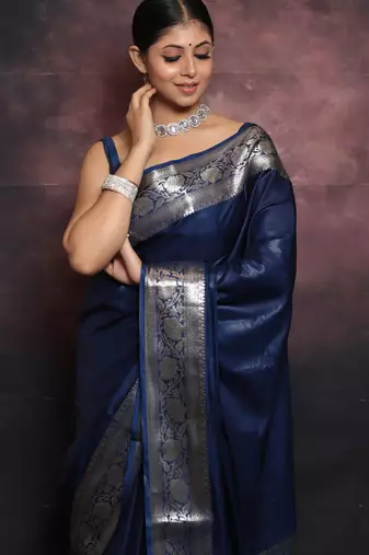 Blue silk blend banarasi saree with unstitched blouse piece