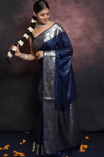 Blue silk blend banarasi saree with unstitched blouse piece