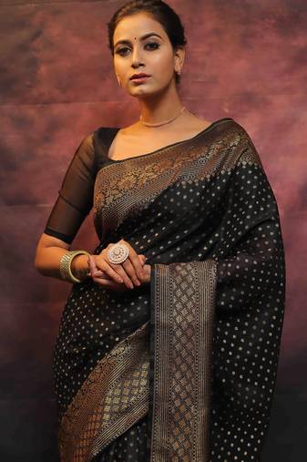 Black soft silk blend banarasi jacuard work designer party wear saree with unstitched blouse piece