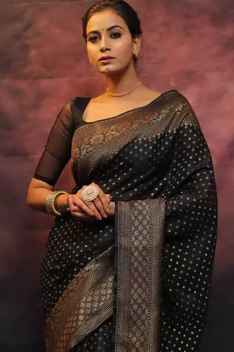 Black soft silk blend banarasi jacuard work designer party wear saree with unstitched blouse piece