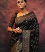 Black soft silk blend banarasi jacuard work designer party wear saree with unstitched blouse piece
