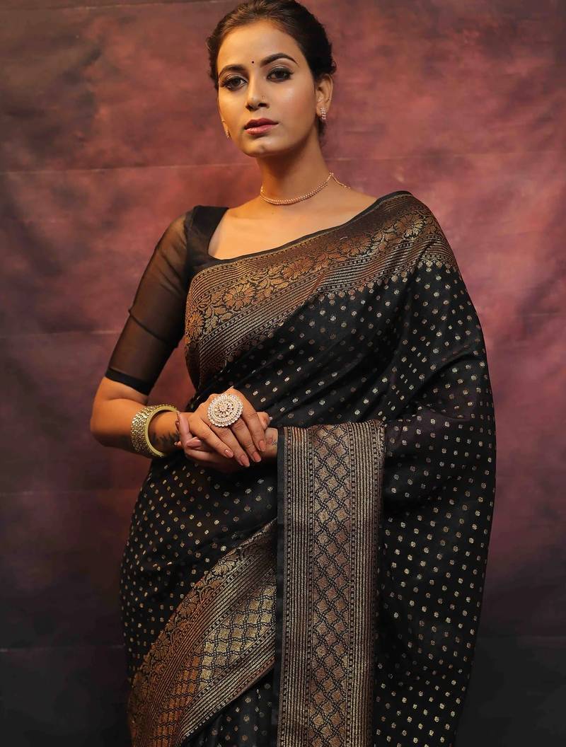 Black soft silk blend banarasi jacuard work designer party wear saree with unstitched blouse piece