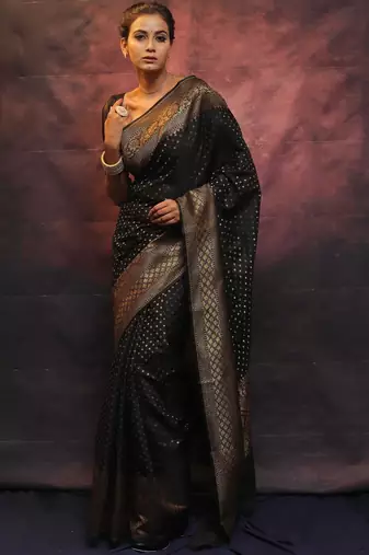 Black silk blend banarasi saree with unstitched blouse piece
