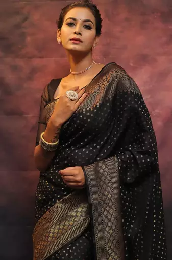 Black silk blend banarasi saree with unstitched blouse piece
