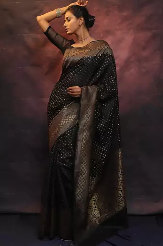 Black silk blend banarasi saree with unstitched blouse piece