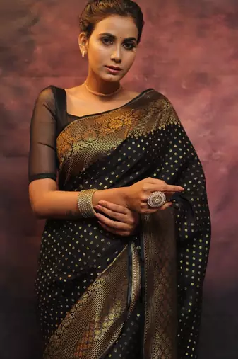 Black silk blend banarasi saree with unstitched blouse piece