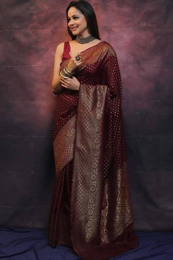 Maroon soft silk blend banarasi jacuard work designer party wear saree with unstitched blouse piece