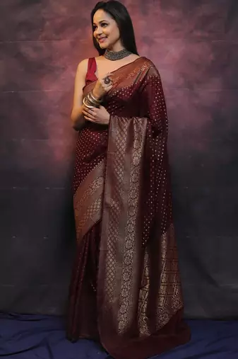 Maroon soft silk blend banarasi jacuard work designer party wear saree with unstitched blouse piece