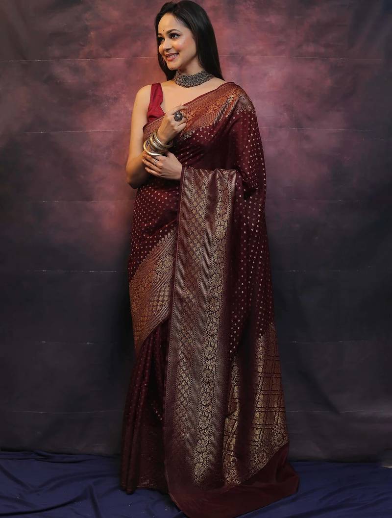 Maroon soft silk blend banarasi jacuard work designer party wear saree with unstitched blouse piece