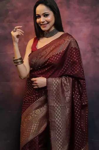 Maroon silk blend banarasi saree with unstitched blouse piece