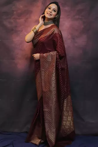 Maroon silk blend banarasi saree with unstitched blouse piece