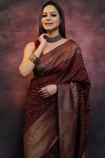 Maroon silk blend banarasi saree with unstitched blouse piece