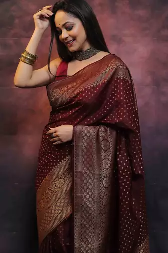 Maroon silk blend banarasi saree with unstitched blouse piece