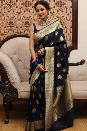Blue soft silk blend banarasi jacuard work designer party wear saree with unstitched blouse piece