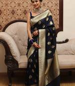 Blue soft silk blend banarasi jacuard work designer party wear saree with unstitched blouse piece